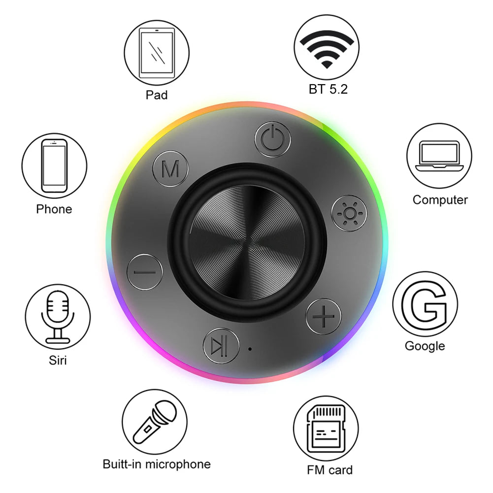 Waterproof Mini Speaker Hands-Free Call/FM Radio Bluetooth-Compatible 5.2 Stereo Subwoofer Built-in Mic for Bathroom Sing-Along